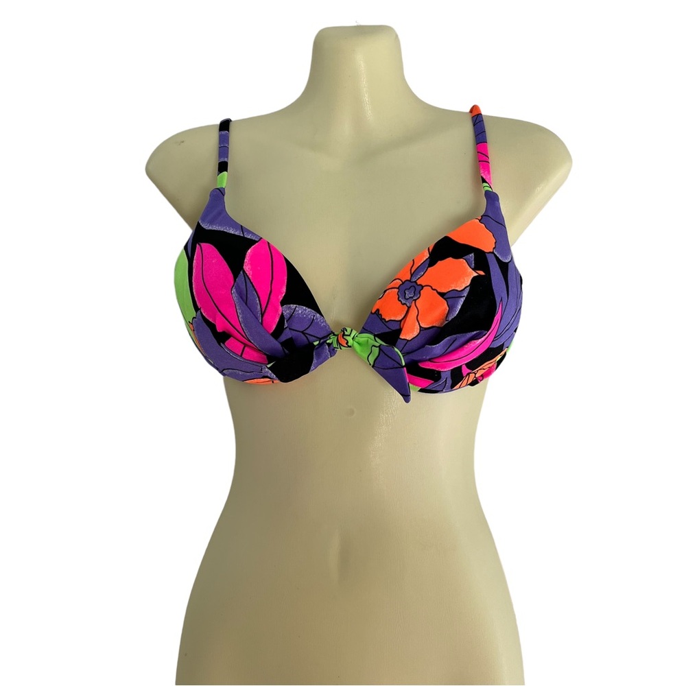 NWT Vintage Neon Black Floral Carabella Collections Push Up Bikini Top size 12